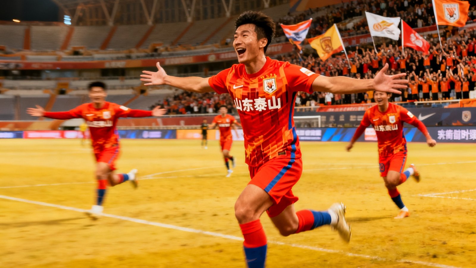 中超山东泰山队在补时阶段绝杀进球，球员狂奔庆祝